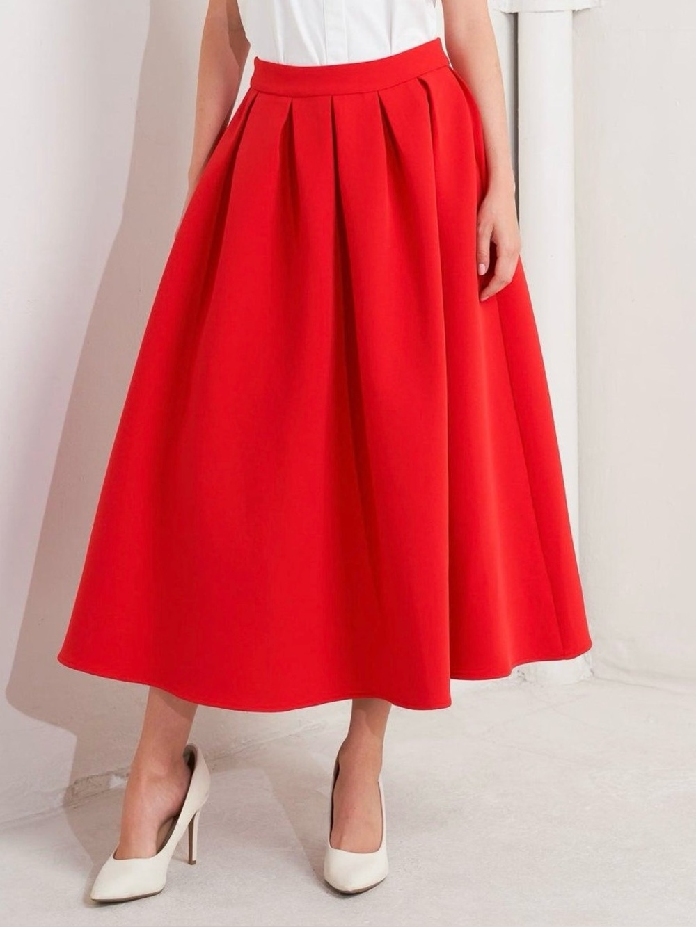 PREMISE STUDIO High Waist Woven A-line Pleated Devon Flared Midi Skirt